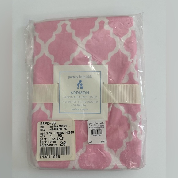 NEW! Pottery Barn Kids Addison Sabrina Basket Liner Medium Pink - Picture 1 of 3